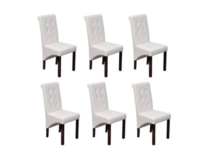 Todiikf 6er Set Esszimmerstühle Weiß Kunstleder Massivholzbeine Ergonomische Polsterstühle für Küche und Esszimmer mit pflegeleichtem Kunstlederbezug und dunkelbraunen Holzbeinen.
