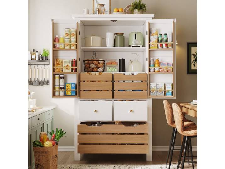MEUBLIV Buffet Haut avec 2 portes et 5 tiroirs 80x40x140cm MDF blanc