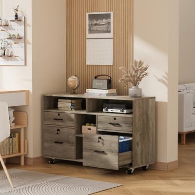 VINGLI File Cabinet 4 Drawer Wood Mobile Lockable Rolling with Shelves