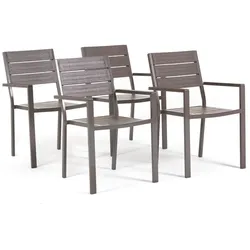 RATTATAN Set aus 4 stapelbaren Gartenstühlen mit Armlehnen, pulverbeschichtetem Stahlrahmen und Sitzfläche aus Polyethylen-Latten in Holzoptik – Adele – Taupe