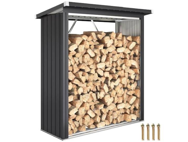 Outsunny Abri-bûches Couvert en Acier Galvanisé 150x66\,5x150cm Gris Foncé Support pour Bois de Chauffage Robuste\, Montage Rapide\, Étagère à Bûches Extérieur\, Plancher Surélevé\, Toit Incliné