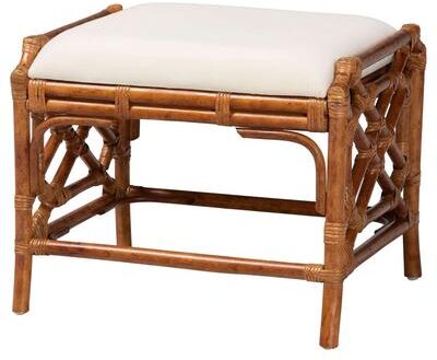 bali & pari Morley Marbled Tortoise Natural Rattan Ottoman - Handcrafted Accent Footstool with Decorative Frame, Coastal Tropical Style