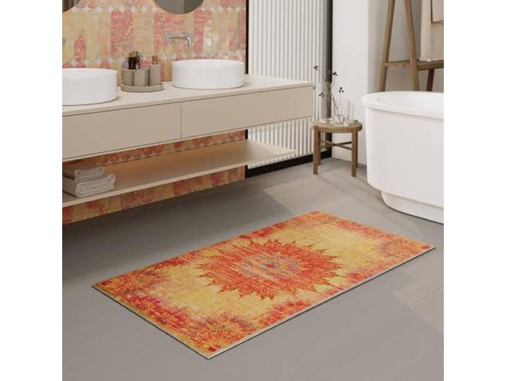 Wecon Home Healing Badteppich, 60 x 100 cm, gelb Waschbarer und rutschfester Vintage Badezimmerteppich mit orientalischem Muster, Eleganz und Komfort für jedes Bad