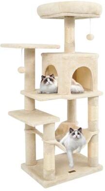 Costway Multi-Level Cat Tower with 2-Door Condo and Padded Top Perch-Beige