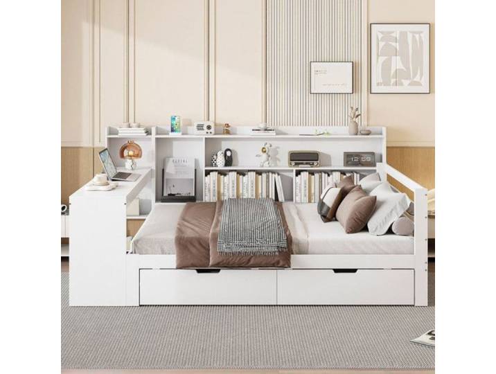 LIT COMBINE canapé-lit adulte 140x200cm bois massif blanc bureau prise USB multicolore LIT COMBINE