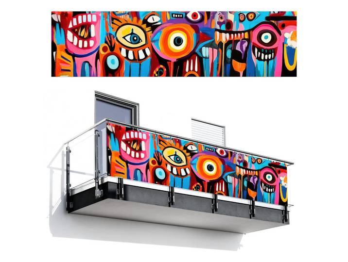 MuchoWow Balkon-Sichtschutz Abstrakt - Gesicht - Farbenfroh, Mehrfarbig, Kunststoff, Rechteckig, 300x85 cm, Sonnenschutz, Sichtschutz
