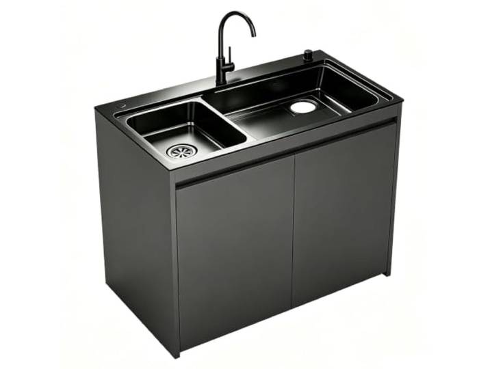 Kommerzielles Spülbecken aus Edelstahl mit Aufbewahrungsschrank Wabenschrank, Schüssel-in-Schüssel, U-Siphon und Wasserhahn-Set for Restaurant/Küche.(Gray,80cm/31.5in)