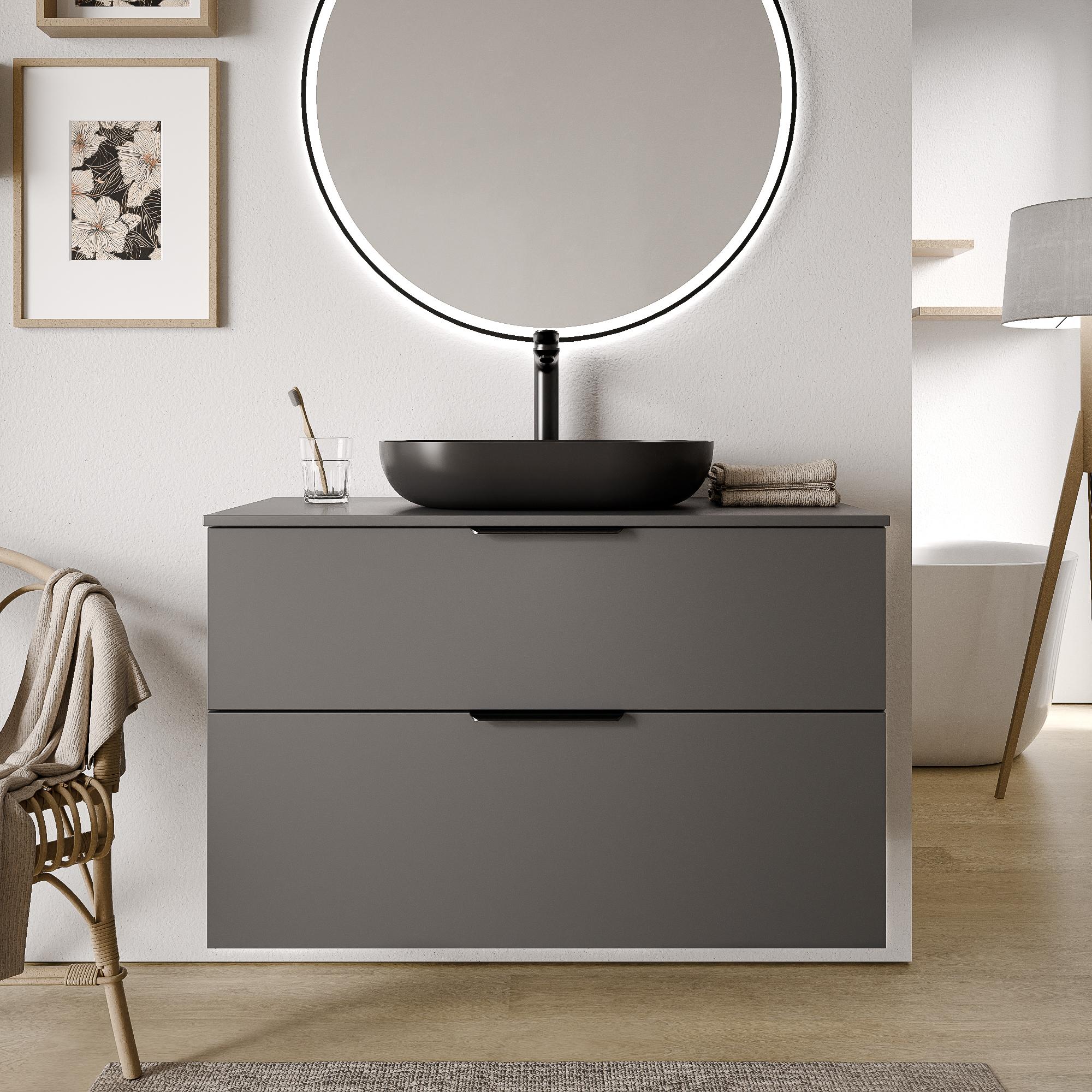 Waschtischunterschrank TIM 100 cm für Aufsatzwaschbecken - Farbe wählbar, Waschtischplatte:Anthrazit matt, Farbe Badmöbel:Anthrazit matt, Metallgriff:Schwarz matt
