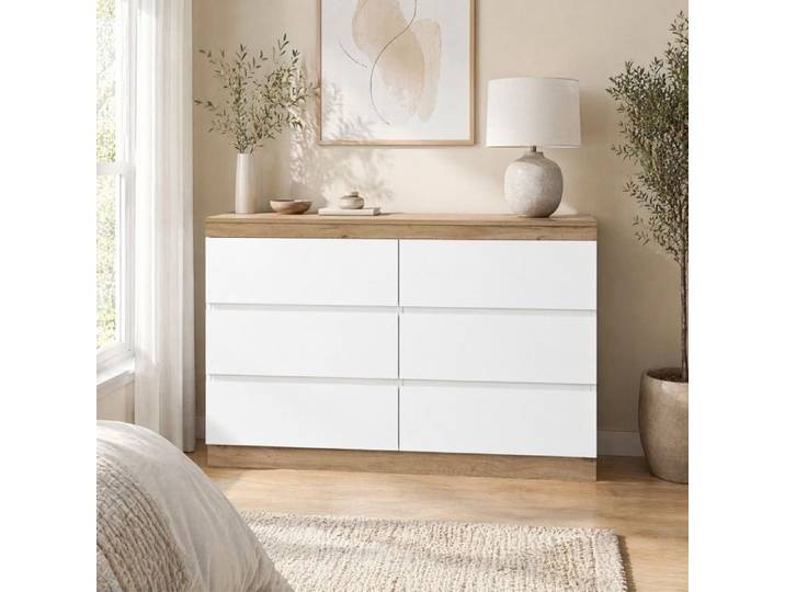 Commode 6 tiroirs blanche et effet chêne en panneau de particules rangement classique pour chambre et salon