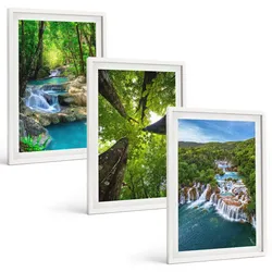 BILDER SET 3er Set - 40x60 cm Weißer Rahmen - Wasserfälle grüner Wald Wasser