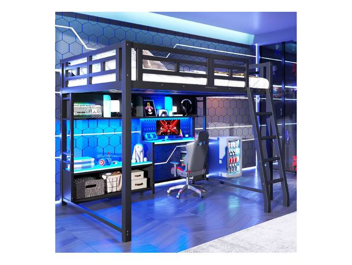 Flieks Hochbett Metallbett im Gaming-Stil 140x200cm mit Schreibtisch, LED & Aufladen