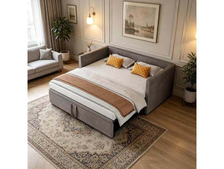 Schlafsofa 90x200cm, Sofabett mit lattenrost für 2 Personen, Ausziehbares Schlafcouch Tagesbett Jugendbett 180x200cm, Bequemes Gästesofa für Wohnzimmer Gästezimmer Wohnung, ohne Matratze(Typ A+ Grau)