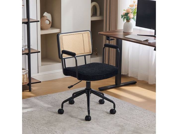 ULEVR fauteuil de bureau vintage à roulettes réglable en hauteur dossier en rotin synthétique chenille noire