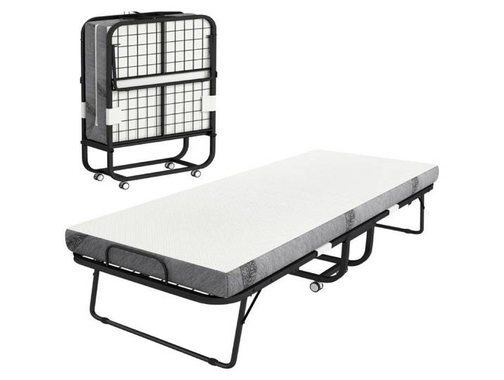 Lit d'appoint pliant avec matelas roulettes cadre acier lit invité portable blanc noir pratique pour chambre et déplacement