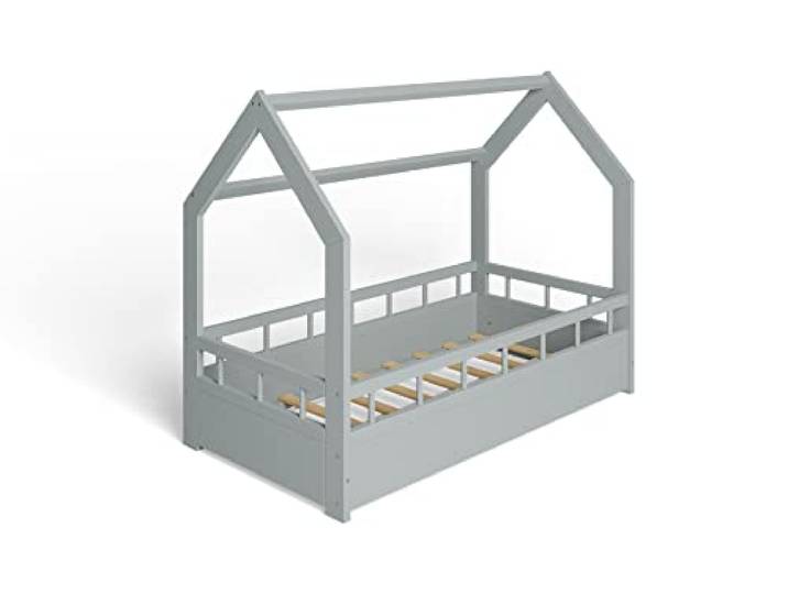 ms factory Hausbett Kinderbett 70x140 cm mit Rausfallschutz und Lattenrost - Einzelbett aus Kiefernholz für Mädchen und Junge - Grau