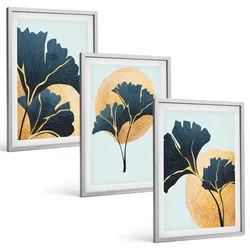 BILDER SET 3er Set - 40x60 cm Silberner Rahmen - Ginkgoblätter, heller Hintergrund