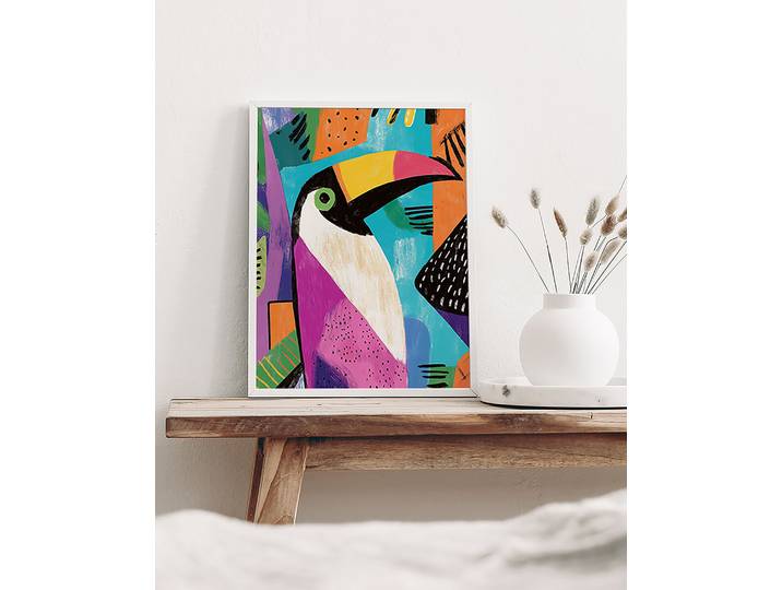 Tableau déco Cute Toucan Cadre : hêtre massif verni Revêtement : verre acrylique Multicolore 32 x 42cm
