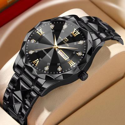 Inspired Finds Men's Luxury Stainless Steel Watch Blue Gold Quartz With Night Glow & Double Calendar 2733 jh