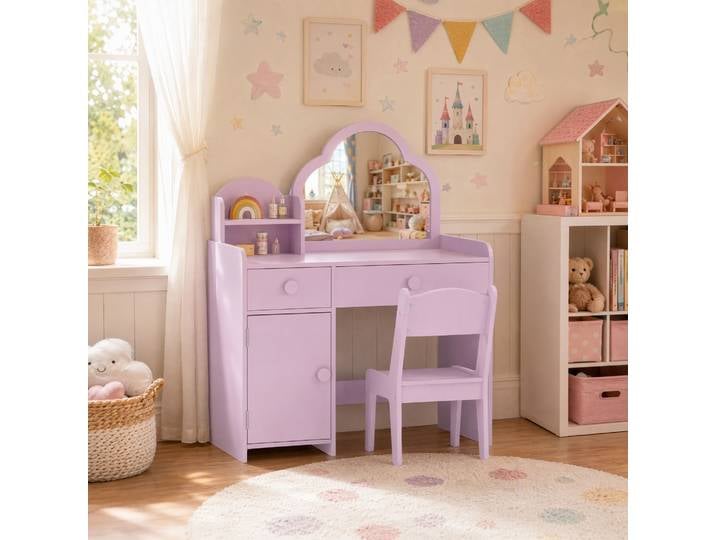 AIYAPLAY Coiffeuse 2 en 1 Fille Violet Tabouret Miroir Armoire