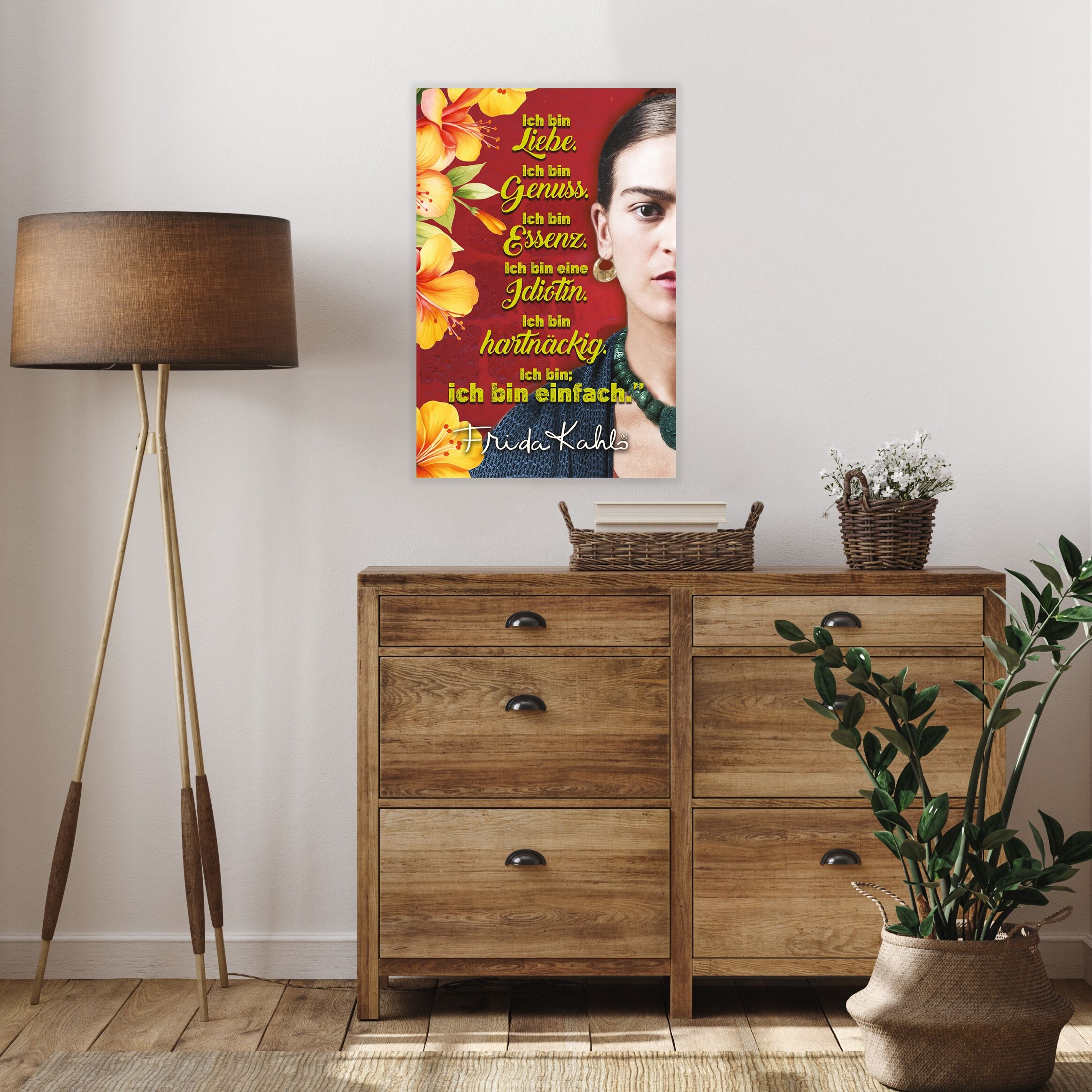 Wanddekoobjekt LUCKYLINDE "Frida Kahlo - Ich bin Liebe", rot (bunt), B:20cm H:30cm T:0,3cm, Blech, Wanddekoobjekte, Wanddekoobjekt, Stahlschild bunt B/H/T: 20cm x 30cm x 0,3cm, Blumen Foto Spruch