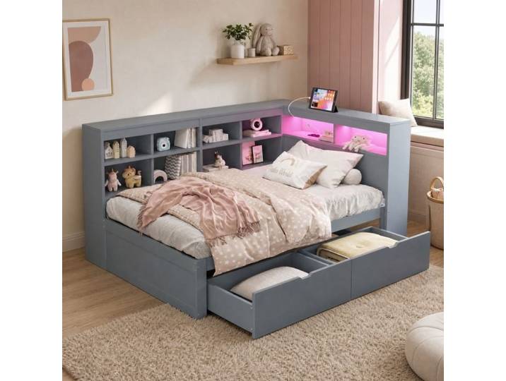 Sofa Bed 90x200cm Bois Gris - Lit Combiné Multifonctionnel avec Rangements LED et USB