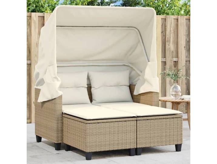 Automne/hiver  Beige Canapé de jardin 2 places avec auvent et tabourets beige rotin - Hauteur：155cm DEC6591073