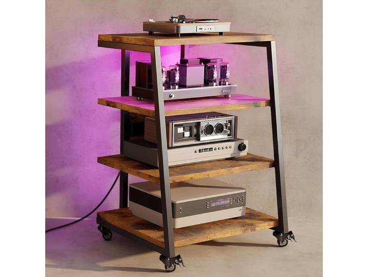 Meuble HIFI à 4 Etagères avec LED et Roulettes en Bois Meuble Audio/Vidéo Étagère Multimédia Rack Avec 3 prise et USB Max. 140KG
