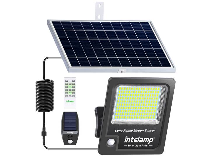 Lampe solaire extérieure Intelamp à longue autonomie 12000 mAh, deux capteurs de mouvement, panneau solaire super grand pour jardin, rue, cour, ferme