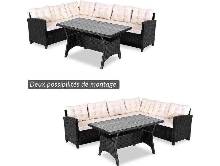 Casaria Salon de jardin en polyrotin noir 6 personnes Mobilier de jardin avec coussins Meuble extérieur Mobilier de terrasse patio