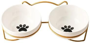 Inspired Finds Raised Ceramic Double Cat Bowl For Food And Water 2pc Cat Footprint+gold Stand