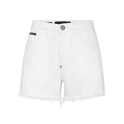 Jeansbermudas PHILIPP PLEIN "Logo", Damen, Gr. 24, EURO-Größen, weiß (01so, summersnow), Obermaterial: 100% Baumwolle. Futter: 65% Polyester, 35% Baumwolle. Einsatz: 100% Polyester. Außenmaterial: 100% Kalbsleder, Jeans
