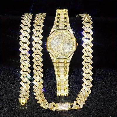 3 Stück/Set HipHop Herren Strass Uhr Halskette Armband Set Muttertagsgeschenk