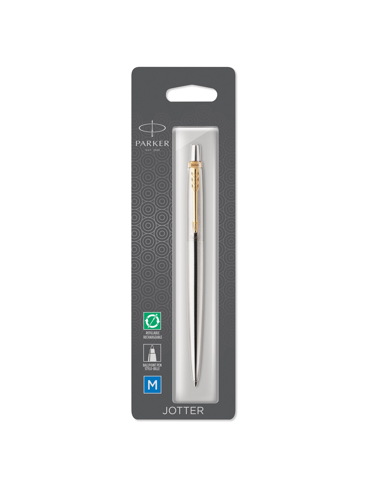 Parker Jotter Kugelschreiber | Edelstahl mit Goldzierteile | Mittlere Spitze | Blaue Tinte | Blister-Verpackung
