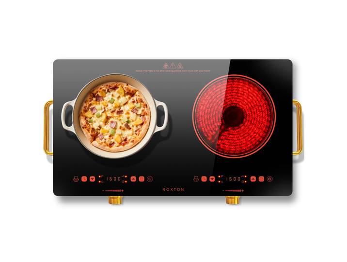 NOXTON Plaque de cuisson en céramique et verre 2 plaques portable avec poignée, plaque de cuisson en céramique 2 autoportante, plaque de cuisson 2 plaques de cuisson avec prise, 220-240 V, 3200 W
