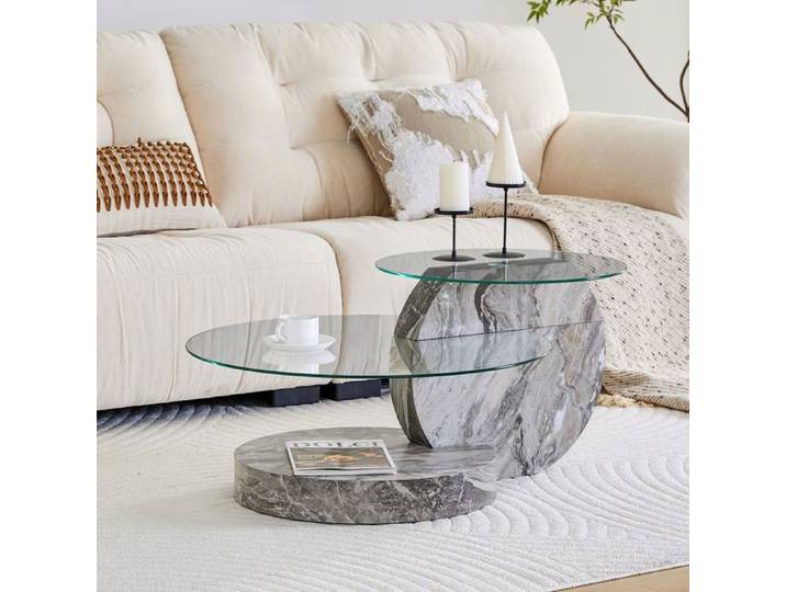 Table basse - WESTYLE - Rond - Verre sécurité - 2 niveaux - Socle effet marbre gris