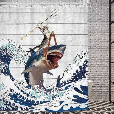 Inspire Daily Merch Creative Funny Cat Riding Dinosaur Shower Curtain Ocean Sea Waves Polyester Bathroom Decor With Hook 120x180cm 2