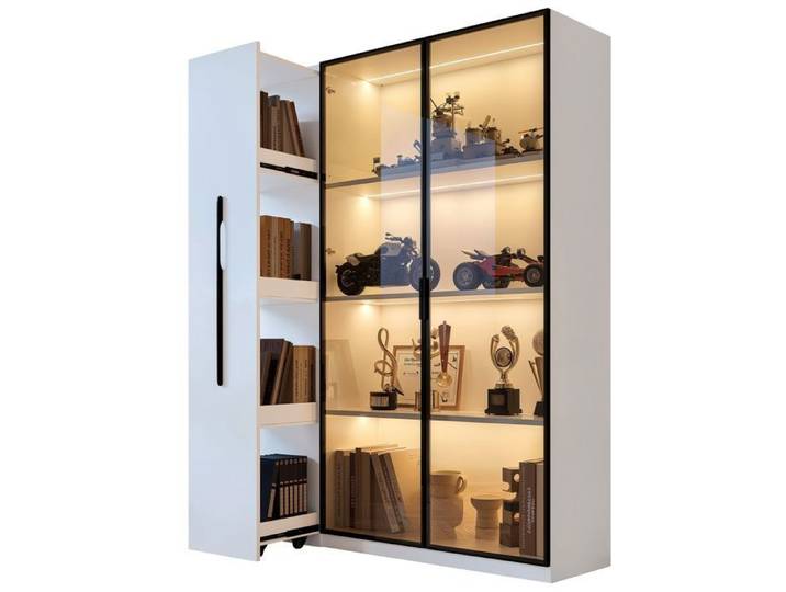 Vitrine avec porte vitrée et éclairage LED étagère latérale coulissante armoire à roulettes armoire bibliothèque 110x35x160cm Blanc