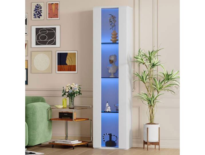 Vitrine Armoire - Becag - Vitrine haut avec éclairage LED - Vitrine Moderne avec porte - 40x29x170cm - plaque en acrylique - Blanc
