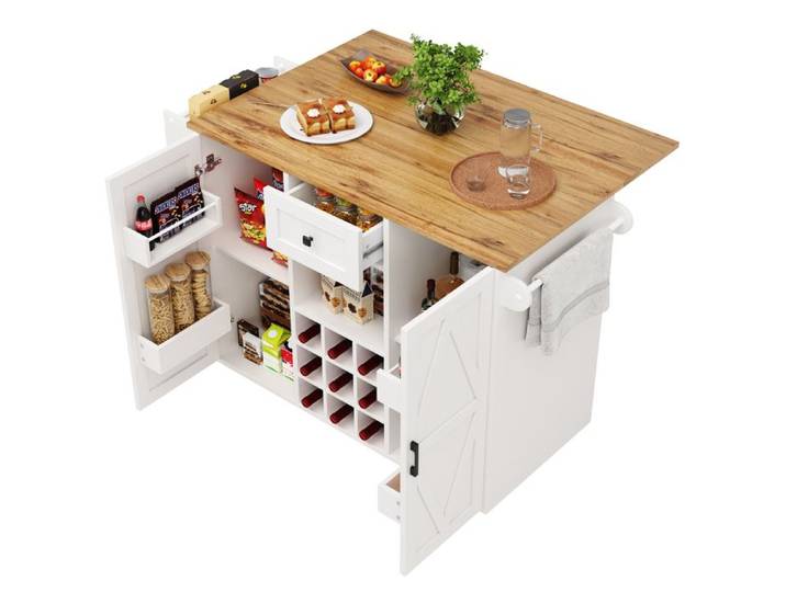 Desserte Cuisine à Roulettes Îlot Central Mobile Buffet Cuisine avec Plateau de Table Pliable Espace de Rangement Multifonctionnel