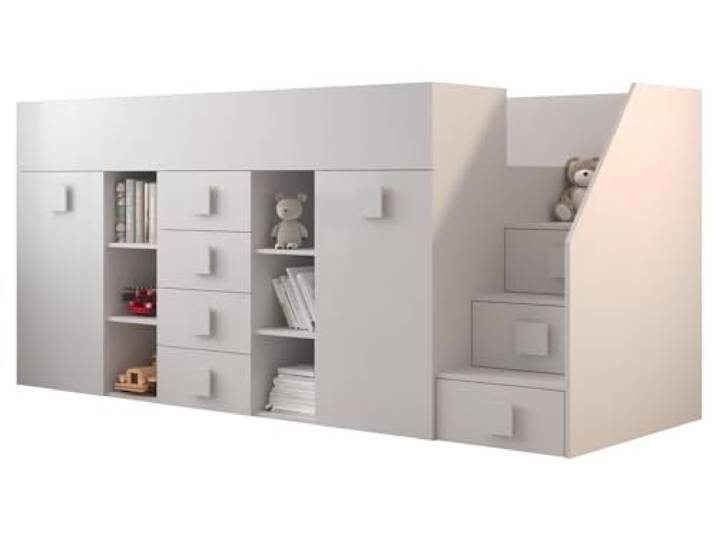 MEBLE KRYSPOL Toledo 3 Hochbett für Kinder & Jugendliche mit Stauraum - Etagenbett mit Schreibtisch, Kleiderschrank, Regal, Schubladen, Treppe - 248,5x93x123 cm - Weiß
