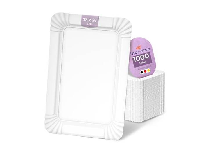 Inoverse Pappteller eckig 1000 Stück, 18 x 26 cm, groß Papierteller Umweltfreundlich, weiß aus Pappe, Einweggeschirr, für Kuchen, Snacks und Mahlzeiten, für Buffets, Feiern und Gastronomie