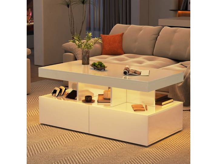 Table Basse Moderne avec LED et 2 Tiroirs Table d'appoint Rectangulaire Salon Table Salon Basse Haute Brillance Moderne Blanc