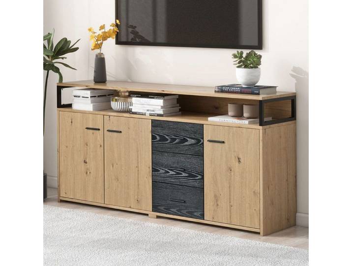 Buffet industriel 3 portes 3 tiroirs noir bois 150x35x75 9 cm