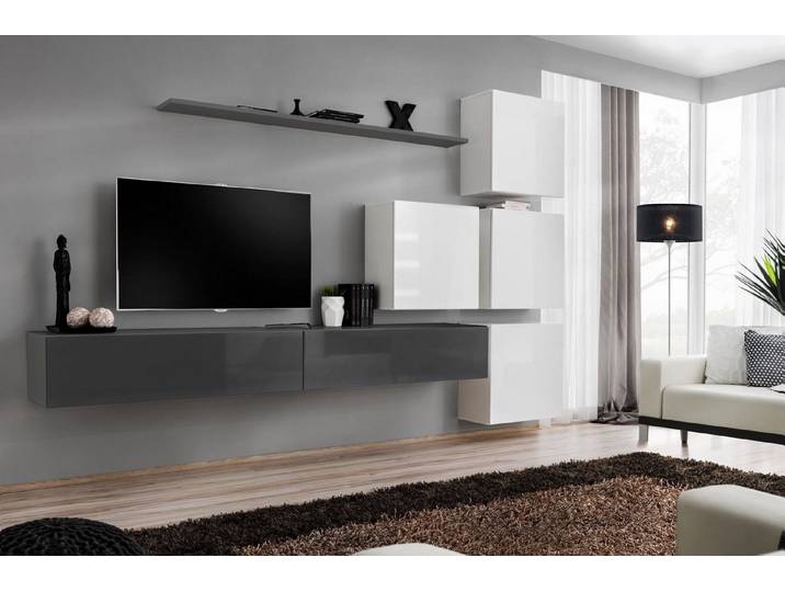 JVmoebel Wohnzimmer-Set Modernes graues Wandregal aus Holz für stilvolle TV-Präsentation, (8-St., 1x Wohnwand + 2x TV Ständer + 4x Wandschrank + 1x Wandregal), Made in Europa