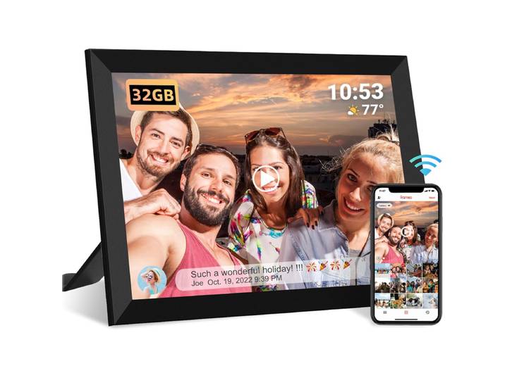 Cadre photo numérique WiFi Frameo 10,1 pouces, 1280 * 800 IPS HD, cadre photo numérique intelligent Cloud, stockage intégré de 32 Go, montage mural