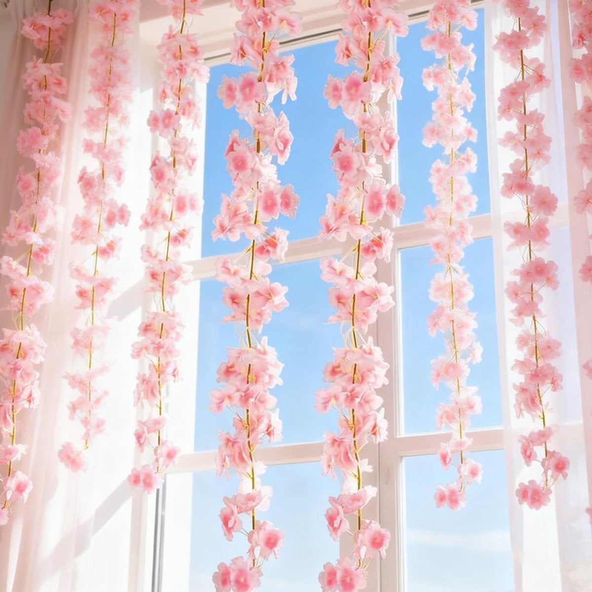 Set van 6 kunstbloemenranken kersenbloesem in het roze voor een romantische sfeer, totale lengte 108M