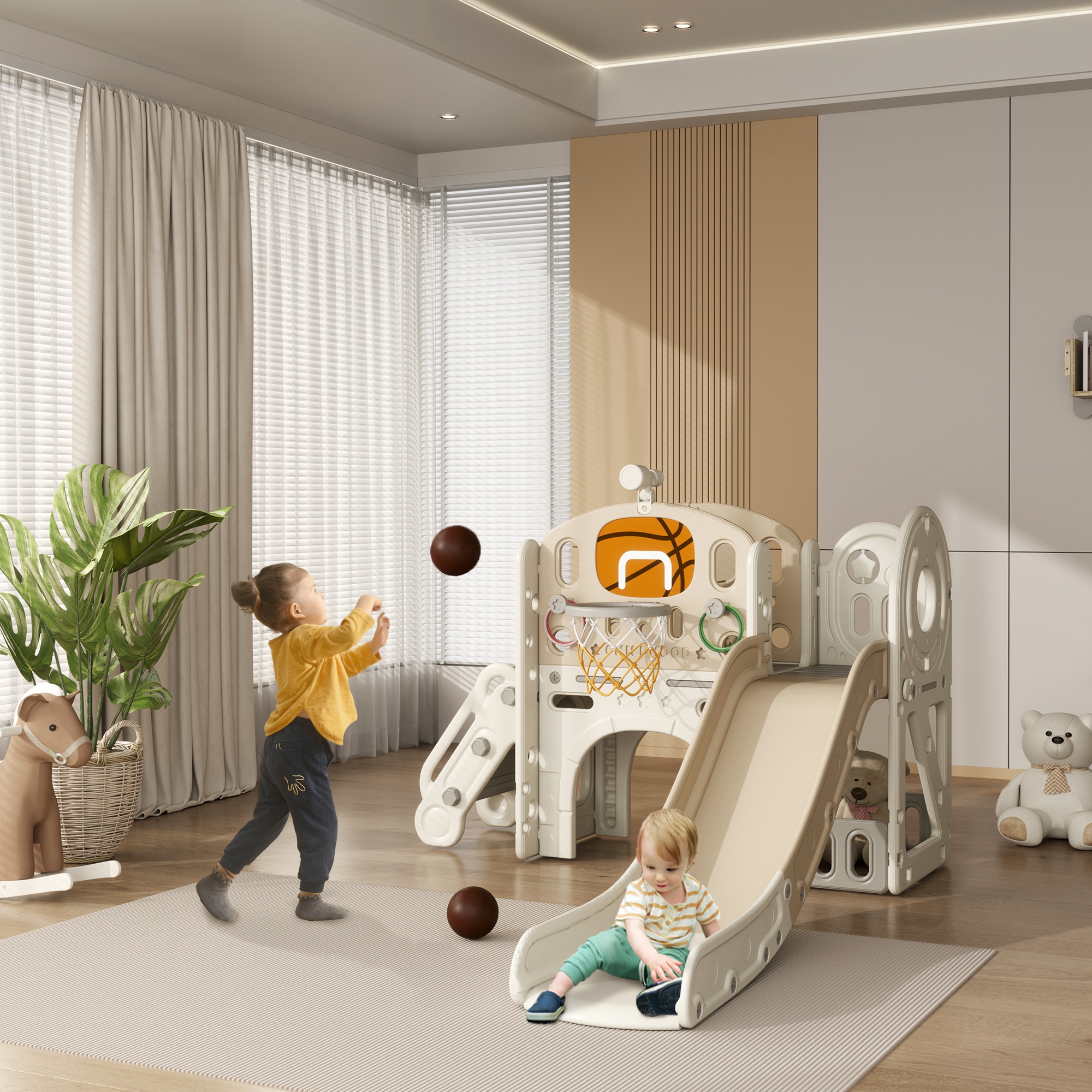 Aiyaplay Struttura di gioco per bambini, scivolo 7 in 1, parco giochi interno con spazio di archiviazione e tunnel rampicante, 186x153x111 cm, Bianco crema