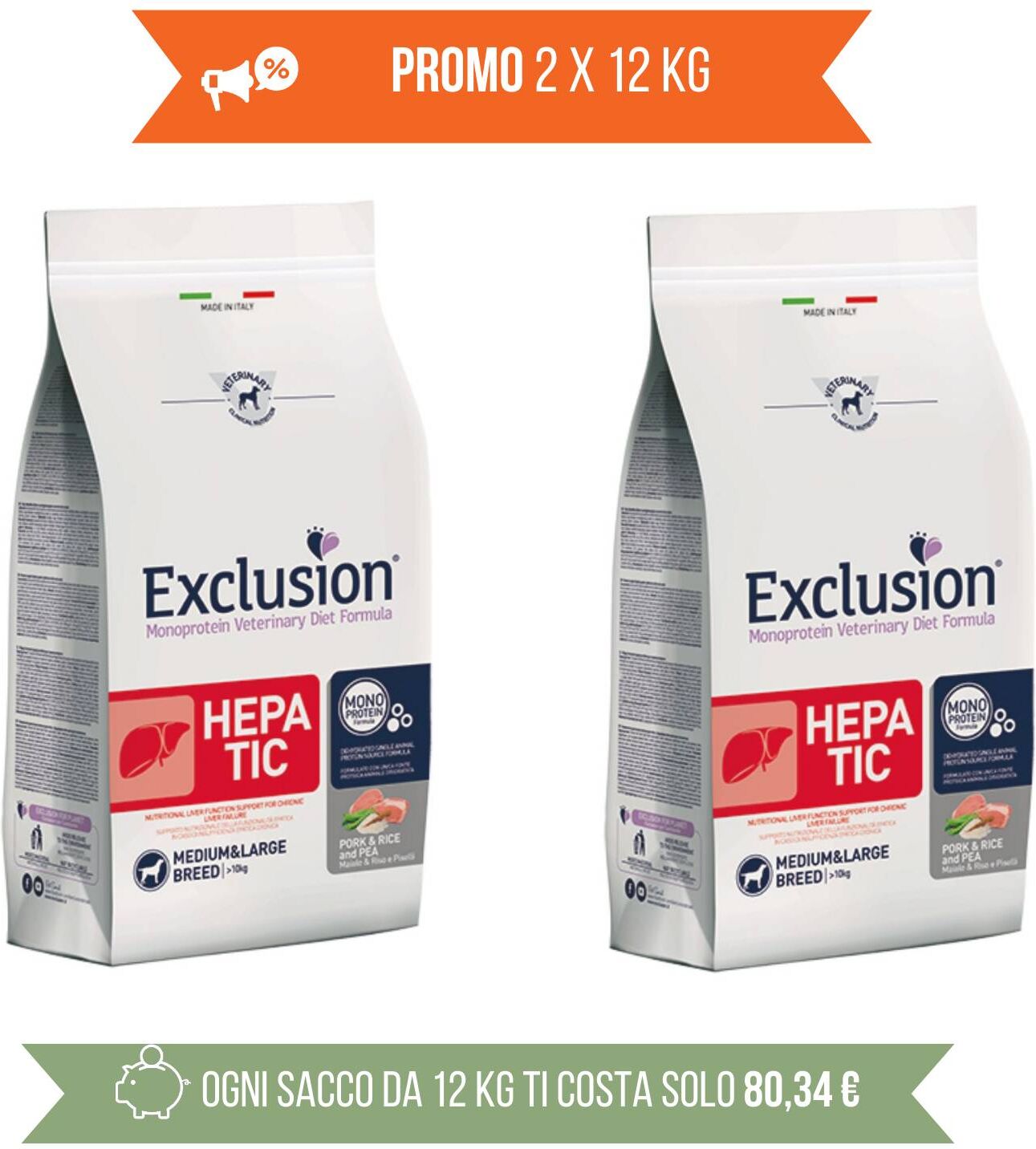 Exclusion PROMO 2 x 12 Kg Diet Hepatic Medium Large Maiale Riso e Piselli per Cani (€ 80,34 A SACCO)