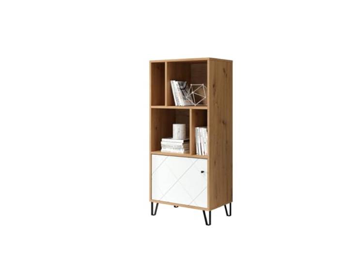trendteam smart living - Touch - Regal - Weiß/Eiche - Standregal mit 1 Tür und 4 offenen Fächern - Fronten mit dekorativer Fräsung - (BxHxT) 63 x 136 x 40 cm- extravagante schwarze Metallfüße