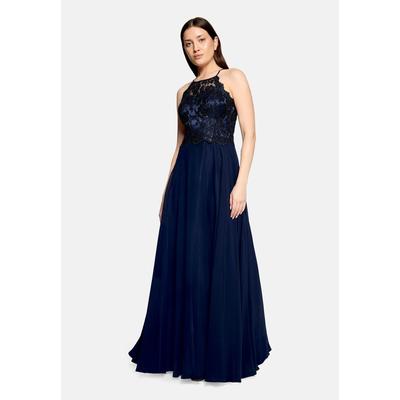 Abendkleid VERA MONT "Damen rückenfrei", Damen, Gr. 32, Normalgrößen, blau (night sky), Stoff, Obermaterial: 100% Polyester. Besatz: 100% Polyamid. Futter: 100% Polyester, festlich, Basic schmal lang, Neckholder, Kleider Abendkleid, Spitze